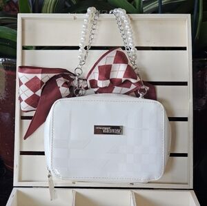 Burberry White Patent Leather Clutch With Faux Pearl Wristlet & Twilly Added